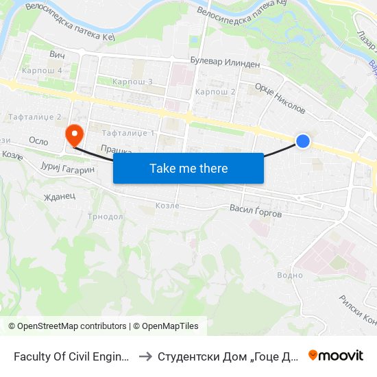 Faculty Of Civil Engineering to Студентски Дом „Гоце Делчев“ map