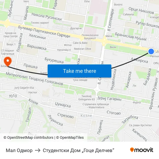 Мал Одмор to Студентски Дом „Гоце Делчев“ map