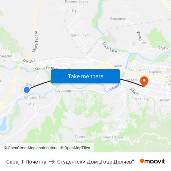 Сарај Т-Почетна to Студентски Дом „Гоце Делчев“ map