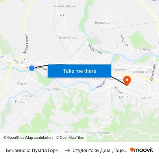 Бензинска Пумпа Ѓорче Петров to Студентски Дом „Гоце Делчев“ map