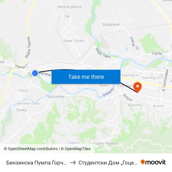 Бензинска Пумпа Ѓорче Петров to Студентски Дом „Гоце Делчев“ map