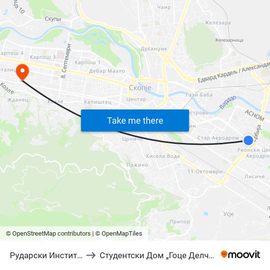 Рударски Институт to Студентски Дом „Гоце Делчев“ map