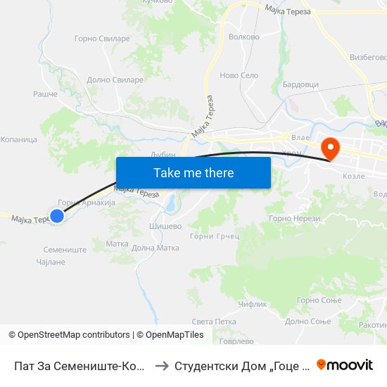 Пат За Семениште-Кон Центар to Студентски Дом „Гоце Делчев“ map