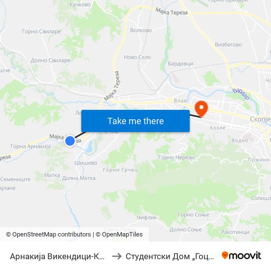 Арнакија Викендици-Кон Центар to Студентски Дом „Гоце Делчев“ map