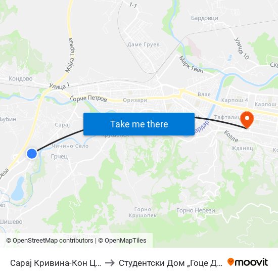 Сарај Кривина-Кон Центар to Студентски Дом „Гоце Делчев“ map