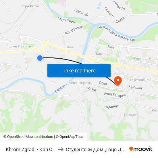 Khrom Zgradi - Kon Centar to Студентски Дом „Гоце Делчев“ map