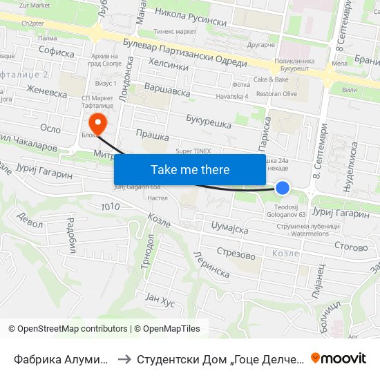 Фабрика Алумина to Студентски Дом „Гоце Делчев“ map
