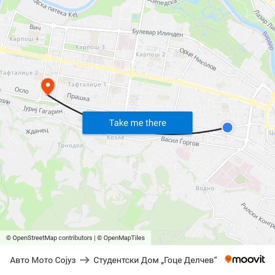 Авто Мото Сојуз to Студентски Дом „Гоце Делчев“ map