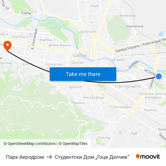 Парк Аеродром to Студентски Дом „Гоце Делчев“ map