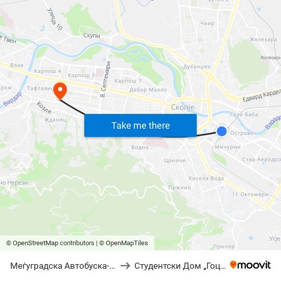 Меѓуградска Автобуска-Кон Центар to Студентски Дом „Гоце Делчев“ map