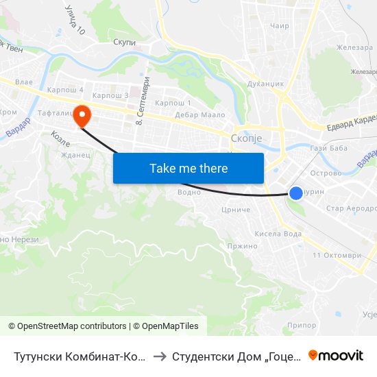 Тутунски Комбинат-Кон Центар to Студентски Дом „Гоце Делчев“ map