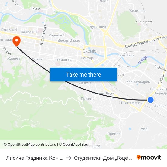 Лисиче Градинка-Кон Центар to Студентски Дом „Гоце Делчев“ map