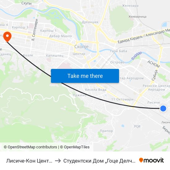 Лисиче-Кон Центар to Студентски Дом „Гоце Делчев“ map