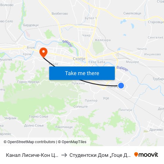 Канал Лисиче-Кон Центар to Студентски Дом „Гоце Делчев“ map