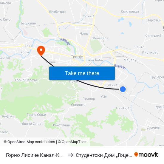 Горно Лисиче Канал-Кон Центар to Студентски Дом „Гоце Делчев“ map