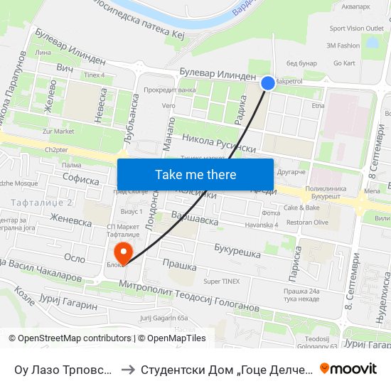 Оу Лазо Трповски to Студентски Дом „Гоце Делчев“ map