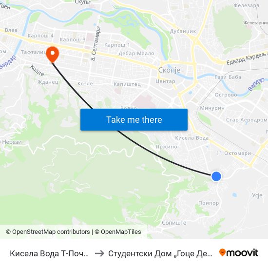 Кисела Вода Т-Почетна to Студентски Дом „Гоце Делчев“ map