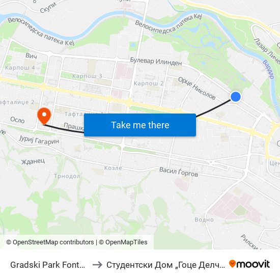 Gradski Park Fontana to Студентски Дом „Гоце Делчев“ map