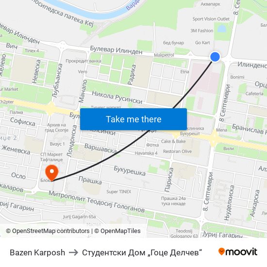 Bazen Karposh to Студентски Дом „Гоце Делчев“ map