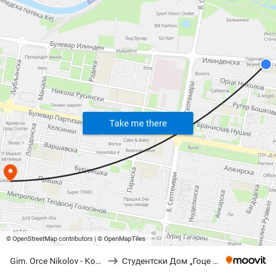 Gim. Orce Nikolov - Kon Centar to Студентски Дом „Гоце Делчев“ map
