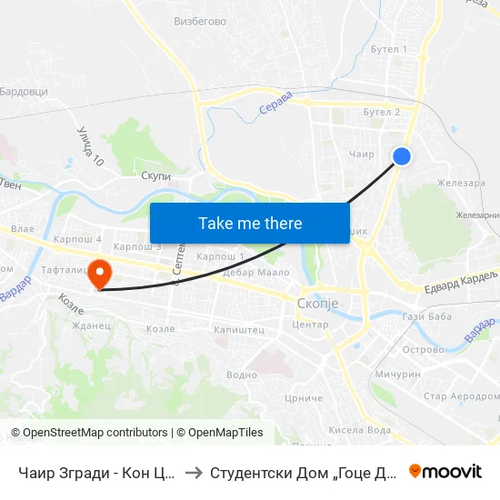 Чаир Згради - Кон Центар to Студентски Дом „Гоце Делчев“ map