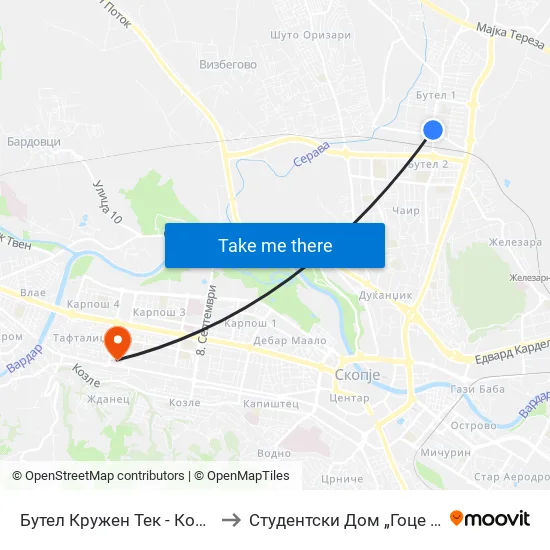 Бутел Кружен Тек - Кон Центар to Студентски Дом „Гоце Делчев“ map