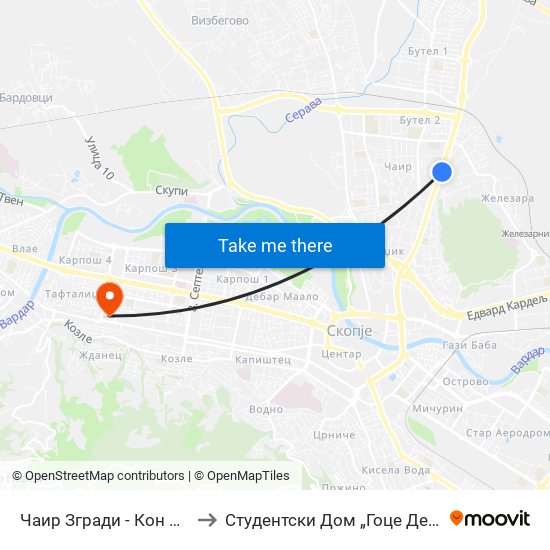 Чаир Згради - Кон Бутел to Студентски Дом „Гоце Делчев“ map