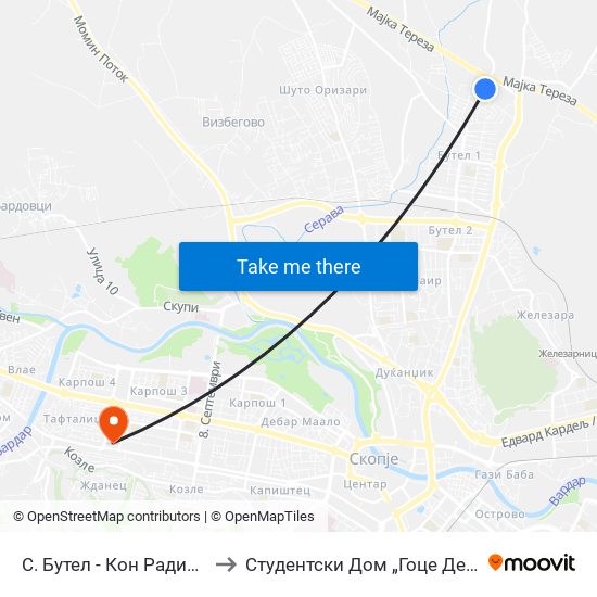 С. Бутел - Кон Радишани to Студентски Дом „Гоце Делчев“ map