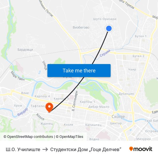 Ш.О. Училиште to Студентски Дом „Гоце Делчев“ map