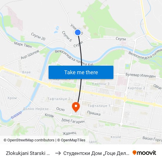 Zlokukjani Starski Dom to Студентски Дом „Гоце Делчев“ map