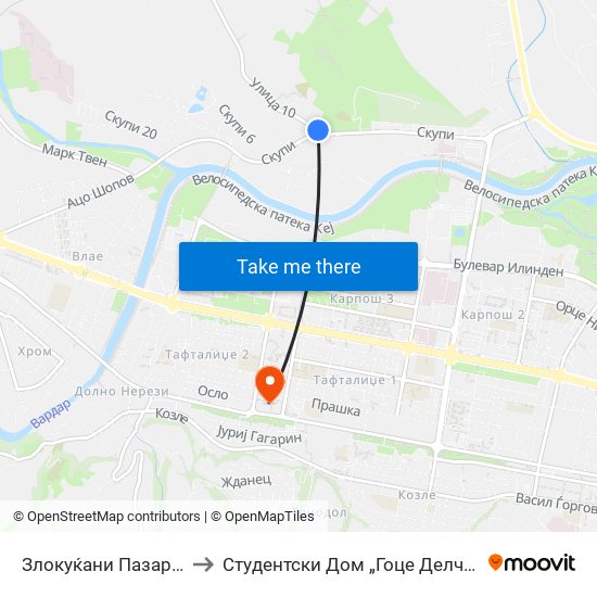 Злокуќани Пазарче to Студентски Дом „Гоце Делчев“ map