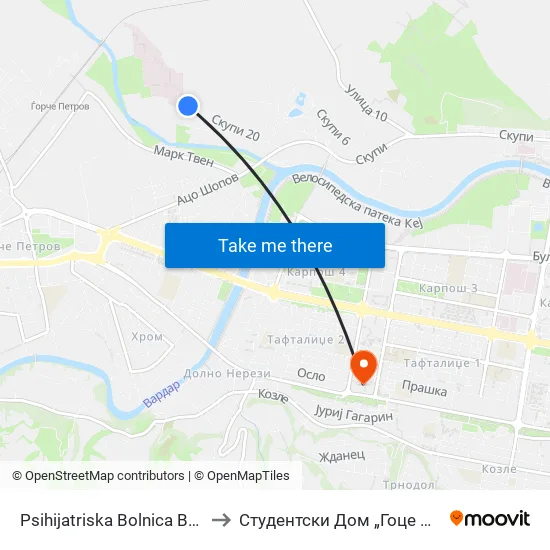Psihijatriska Bolnica Bardovci to Студентски Дом „Гоце Делчев“ map