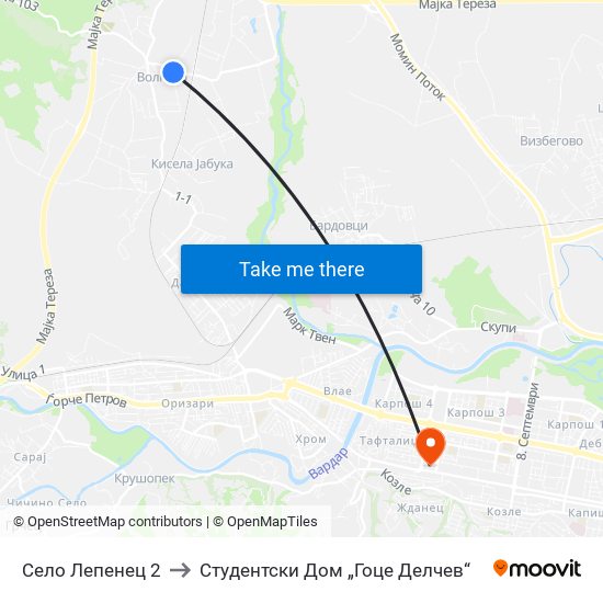 Село Лепенец 2 to Студентски Дом „Гоце Делчев“ map