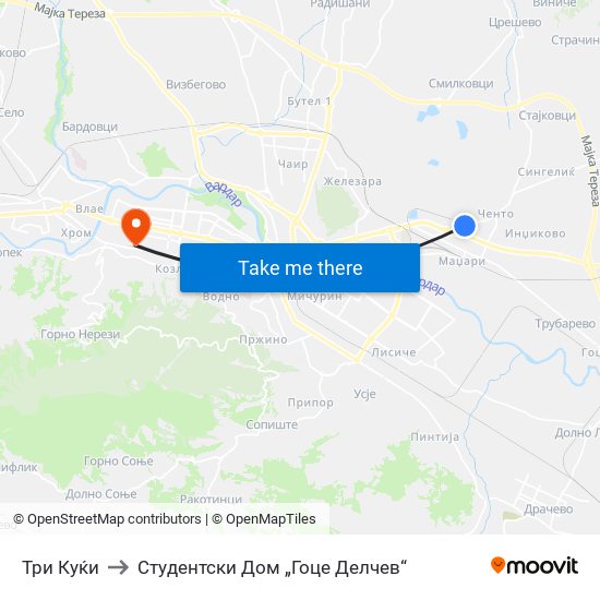 Три Куќи to Студентски Дом „Гоце Делчев“ map