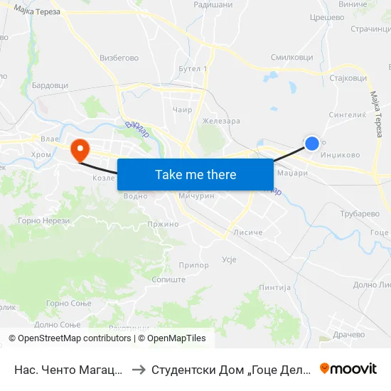 Нас. Ченто Магацини to Студентски Дом „Гоце Делчев“ map