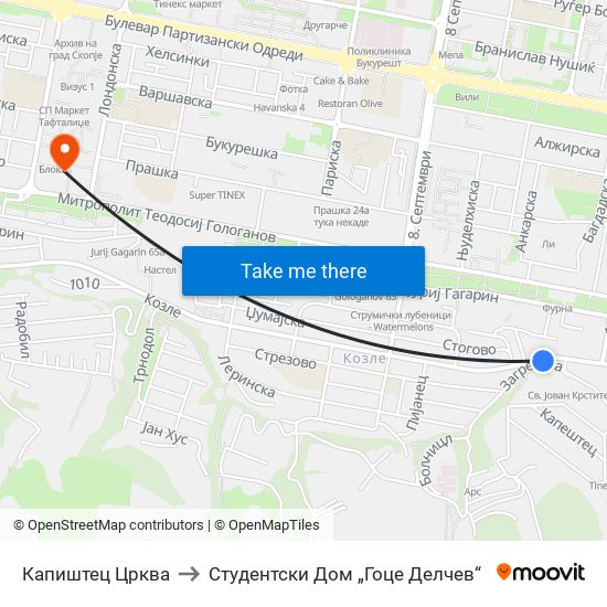 Капиштец Црква to Студентски Дом „Гоце Делчев“ map