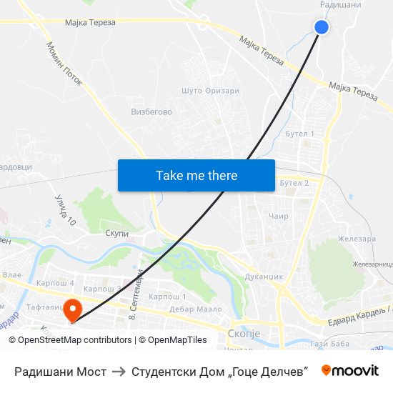 Радишани Мост to Студентски Дом „Гоце Делчев“ map