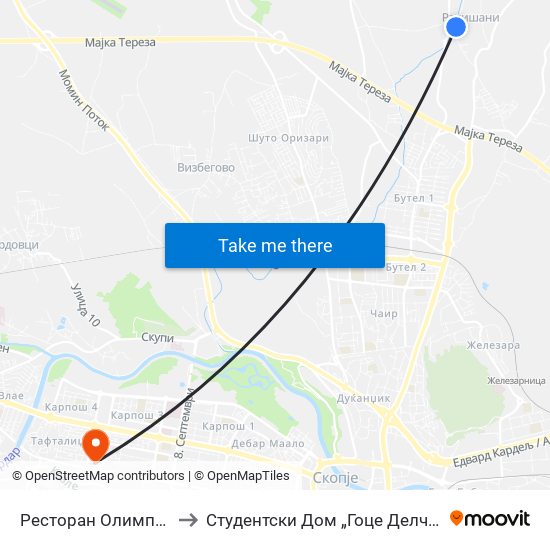 Ресторан Олимпија to Студентски Дом „Гоце Делчев“ map