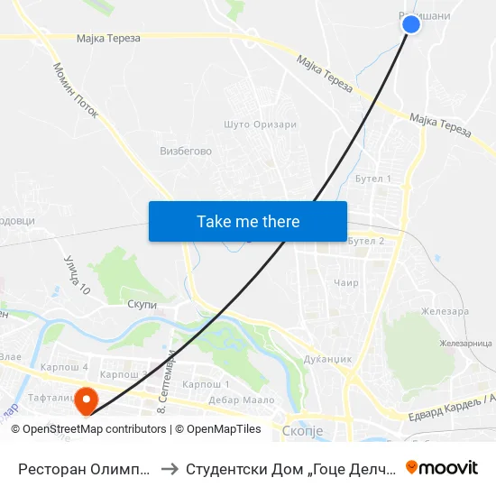 Ресторан Олимпија to Студентски Дом „Гоце Делчев“ map