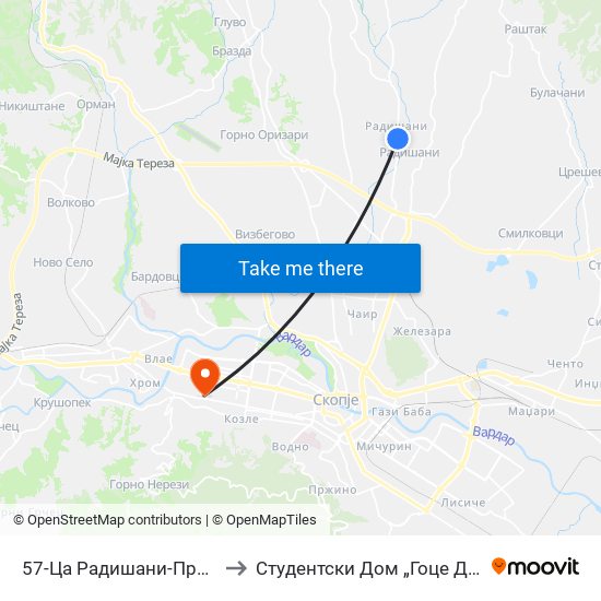 57-Ца Радишани-Прв Влез to Студентски Дом „Гоце Делчев“ map