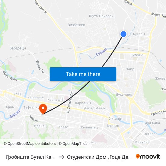 Гробишта Бутел Капела to Студентски Дом „Гоце Делчев“ map