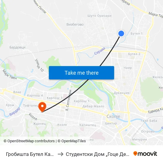 Гробишта Бутел Капела to Студентски Дом „Гоце Делчев“ map