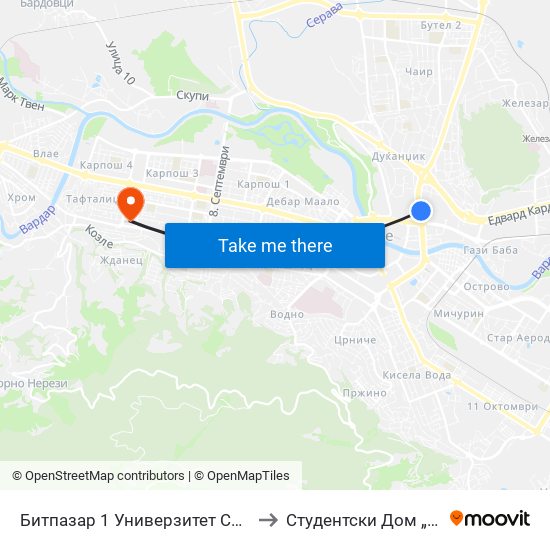 Битпазар 1 Универзитет Св. Кирил И Методиј to Студентски Дом „Гоце Делчев“ map