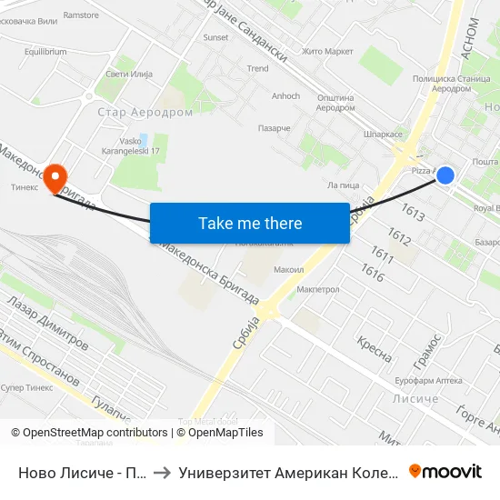 Ново Лисиче - Пошта to Универзитет Американ Колеџ Скопје map