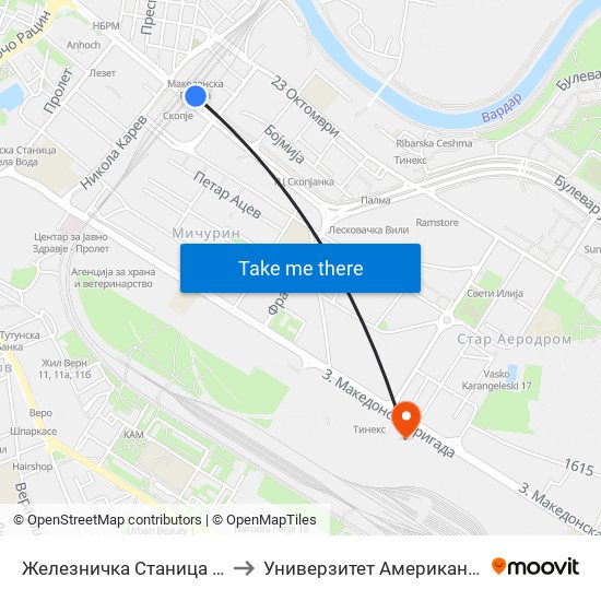 Железничка Станица - Кон Центар to Универзитет Американ Колеџ Скопје map