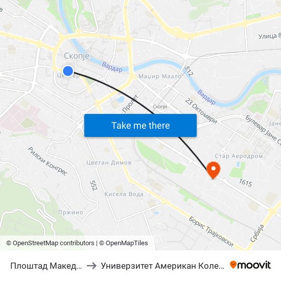 Плоштад Македонија to Универзитет Американ Колеџ Скопје map
