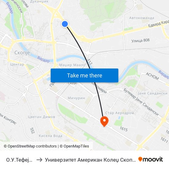 О.У.Тефејуз to Универзитет Американ Колеџ Скопје map
