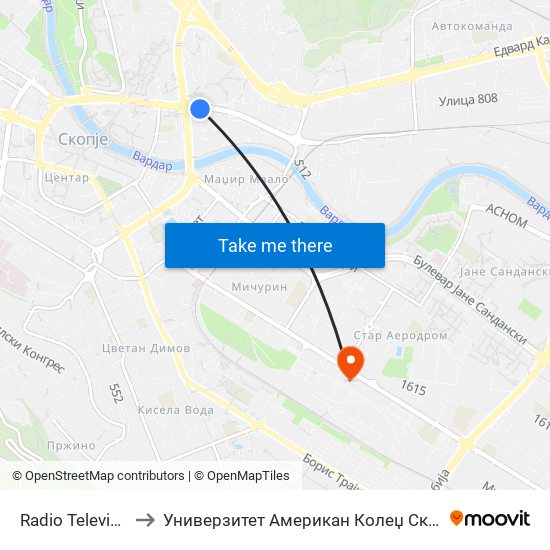 Radio Televizija to Универзитет Американ Колеџ Скопје map