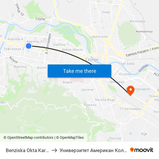 Benziska Okta Karposh 3 to Универзитет Американ Колеџ Скопје map