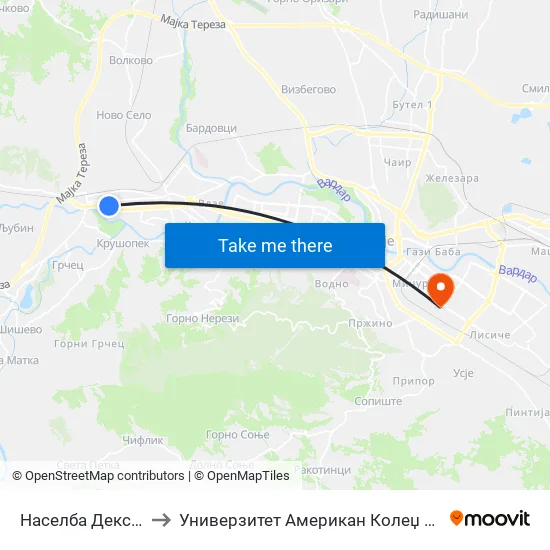 Населба Дексион to Универзитет Американ Колеџ Скопје map